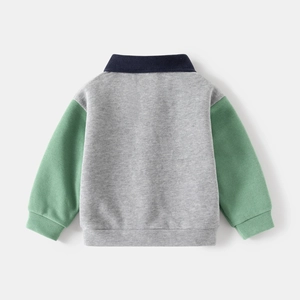 Kids color-block knit sweatshirt with blue collar and green sleeves, back view shown