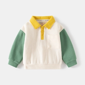 Kids long sleeve polo sweatshirt with color block design in beige green and yellow