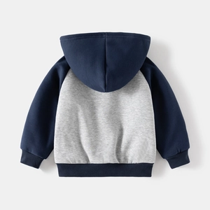 Rear view of thick navy blue and grey hooded zip jacket for boys with raglan sleeves