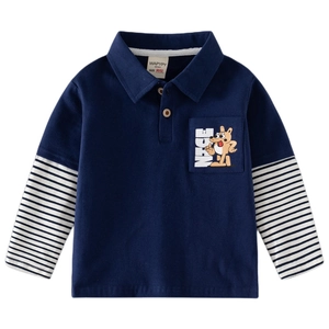 Kids long sleeve polo shirt featuring navy body and blue white striped faux two-piece sleeves