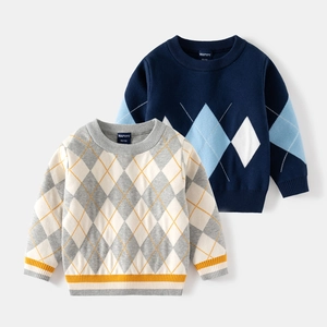 Boys Autumn Winter Cotton Blend Argyle Sweater Preppy Style Crew Neck Long Sleeve Knit Pullover Top For Kids