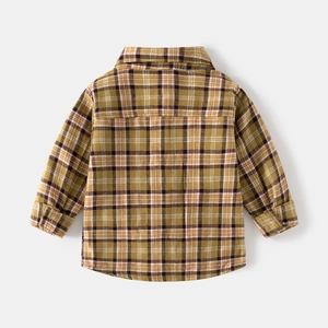 Classic yellow and brown plaid cotton long-sleeved shirt for boys with a soft flannel texture