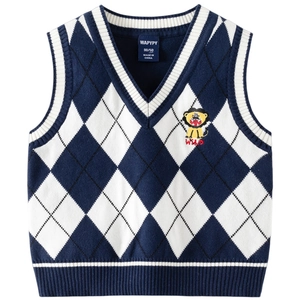 Navy blue V-neck knit vest with argyle pattern and lion embroidery for toddlers