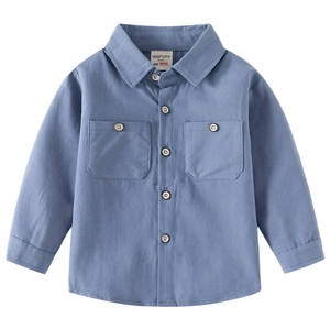 Classic blue long sleeve cotton shirt for boys with dual pockets and wooden buttons
