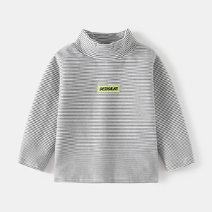 Kids black and white striped mock neck long sleeve T-shirt with neon yellow patch