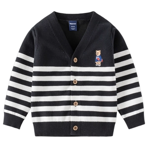Toddler V-neck knitted cardigan with black and white stripes and bear embroidery detail