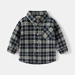 Classic green and black checkered long-sleeve flannel shirt for toddler boys with pocket
