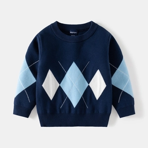 Classic kids navy blue crewneck knit sweater with light blue and white argyle pattern