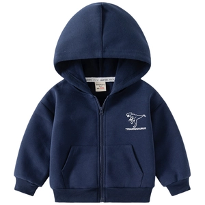 Sweat à capuche zippé bleu foncé pour garçon avec imprimé dinosaure et finitions côtelées