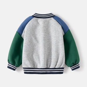 Kids baseball jacket with gray body and blue green sleeves in a casual varsity style