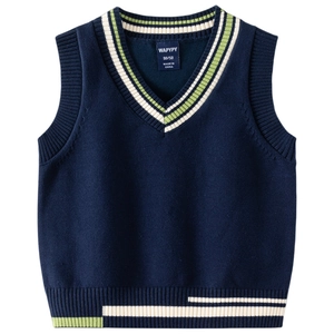 Navy blue kids V-neck knit sweater vest with green and white striped collar detailing