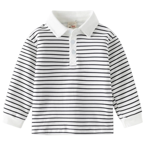 Classic black and white striped long-sleeve kids Polo shirt with white collar