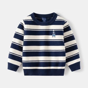 Striped knit sweater for kids with navy stripes and cute cartoon bear embroidery