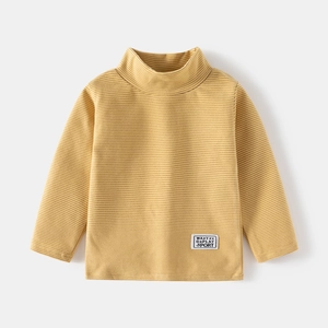 Kids warm striped turtleneck t-shirt in mustard yellow with HAPPY sport label