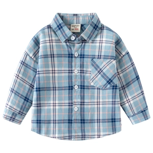 Classic plaid long sleeve cotton shirt for boys with button closure and front pocket