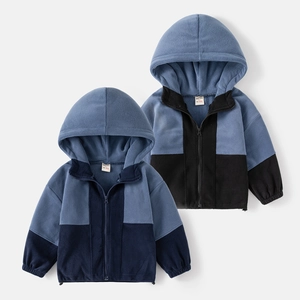 Boys Fleece Hooded Jacket Color Block Zipper Up Polar Fleece Coat Warm Outerwear For Kids Toddlers Soft Thickened Tops