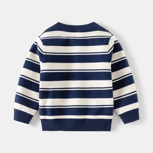 Classic kids striped knit sweater with navy blue and white horizontal patterns for autumn