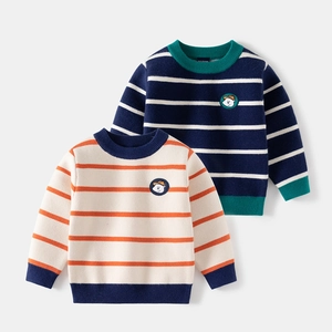 Boys Striped Knitted Sweater Casual Round Neck Long Sleeve Pullover With Cartoon Patch Autumn Winter Children's Clothing
