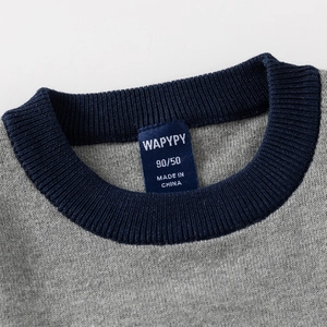 Classic grey knitted sweater for toddler boys with navy blue ribbed crew neck
