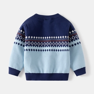 Kids knitted sweater with navy blue geometric patterns and ribbed crewneck for boys