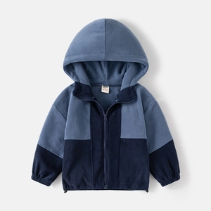 Kids colorblock fleece hoodie in navy and blue featuring a warm zip-up design