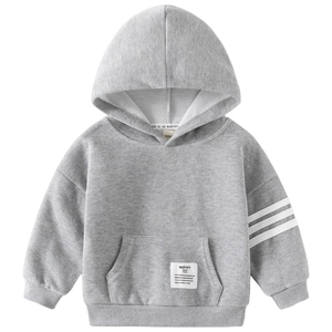 Gray kids hoodie with white stripes on sleeve and kangaroo pocket in a casual style