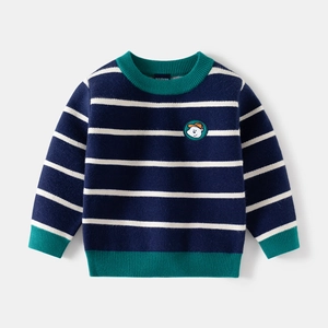 Classic striped knitted sweater for boys with navy stripes and green ribbed collar cuffs