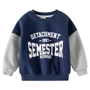 Boys navy blue fake two-piece sweatshirt with grey sleeves and vintage text print