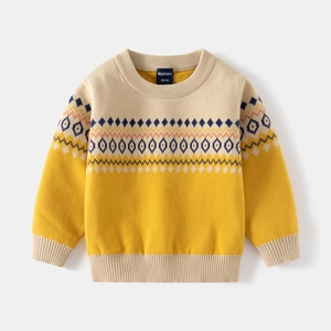 Front view of yellow kids knit sweater with vintage geometric patterns and ribbed trims