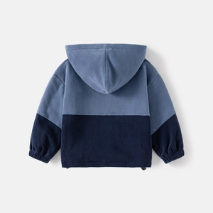 Thick hooded polar fleece jacket for boys with blue color block design, back view