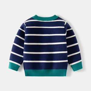 Children's navy and white striped knit sweater with contrasting teal ribbed cuffs and hem
