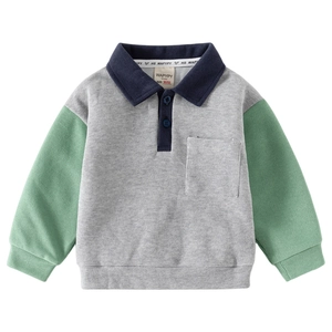 Kids' color-block polo sweatshirt with grey body, green sleeves and navy collar detail