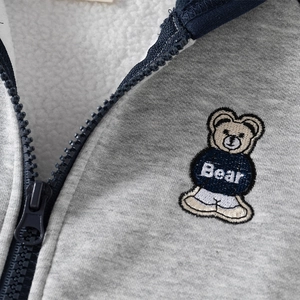 Gray kids winter hoodie with cozy fleece lining and cute bear embroidery detail