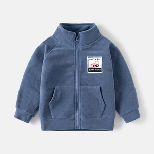 Veste polaire enfant bleu brume avec motif graphique de pelleteuse rose à l'avant