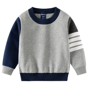Children's color-block knit sweater in grey and navy with striped sleeve detail
