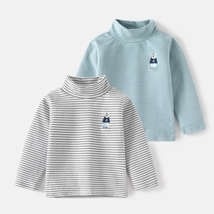 Kids thermal high neck striped t-shirts with cute bear embroidery, 2-pack set