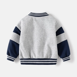 Boys grey fleece baseball jacket with navy sleeves and striped ribbing, back view design