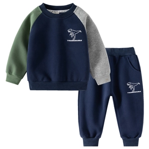 Boys' navy and green dinosaur print sweatshirt and jogger 2-piece sportswear set