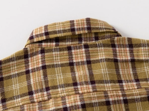 Detail of classic plaid flannel shirt collar and shoulder with soft brushed cotton texture