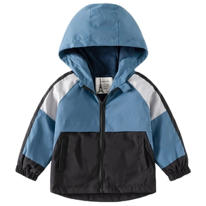 Boys color-block hooded sports jacket in blue white and black with fleece lining