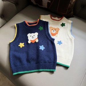 Korean Style Kids Knitted Vest Cartoon Bear Embroidered Sleeveless Sweater Cotton Round Neck Pullover For Boys Toddler Knitwear