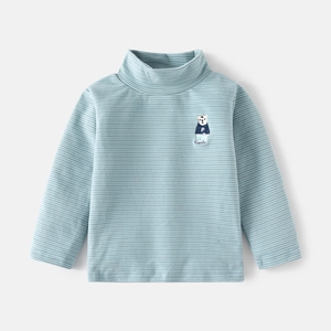 Boys High Neck Striped T-Shirt Bear Embroidery Long Sleeve Polyester Top Autumn Winter Casual Soft Base Layer Underwear