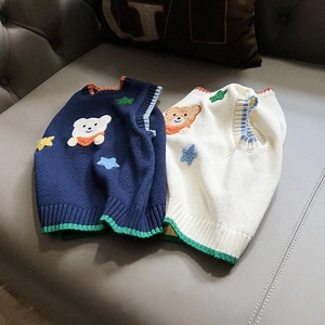 Kids knitted cartoon bear vest in navy blue and cream white for autumn and winter outfits