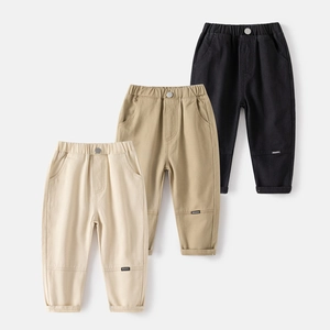 Boys Casual Cotton Pants Korean Style Solid Color Elastic Waist Trousers Fashion Label Kids Spring Autumn Daily Pants