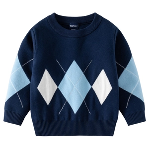 Boys navy blue argyle knit sweater with long sleeves and ribbed trims for autumn winter