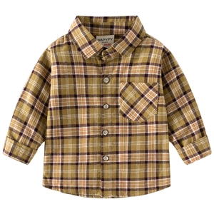 Boy's long-sleeve plaid shirt in mustard yellow with classic checkered pattern and front pocket