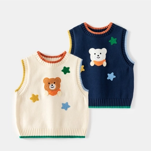 Boys Cotton Knit Vest Cartoon Bear Embroidered Sleeveless Sweater Pullover Top Contrast Ribbing Trim Casual Autumn Clothing