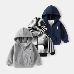 Sweat-Shirt À Capuche Et Fermeture Éclair Pour Garçons Automne Mélange De Coton Broderie Ours Veste Polaire Épaissie Vêtement Rayé