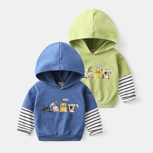 Kids Cotton Blend Hooded Sweatshirt Faux Two-Piece Striped Sleeve Cartoon Animal Print Autumn Casual Pullover Hoodie Top