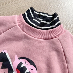 Pink fleece hoodie for kids with cartoon print and striped high collar detail